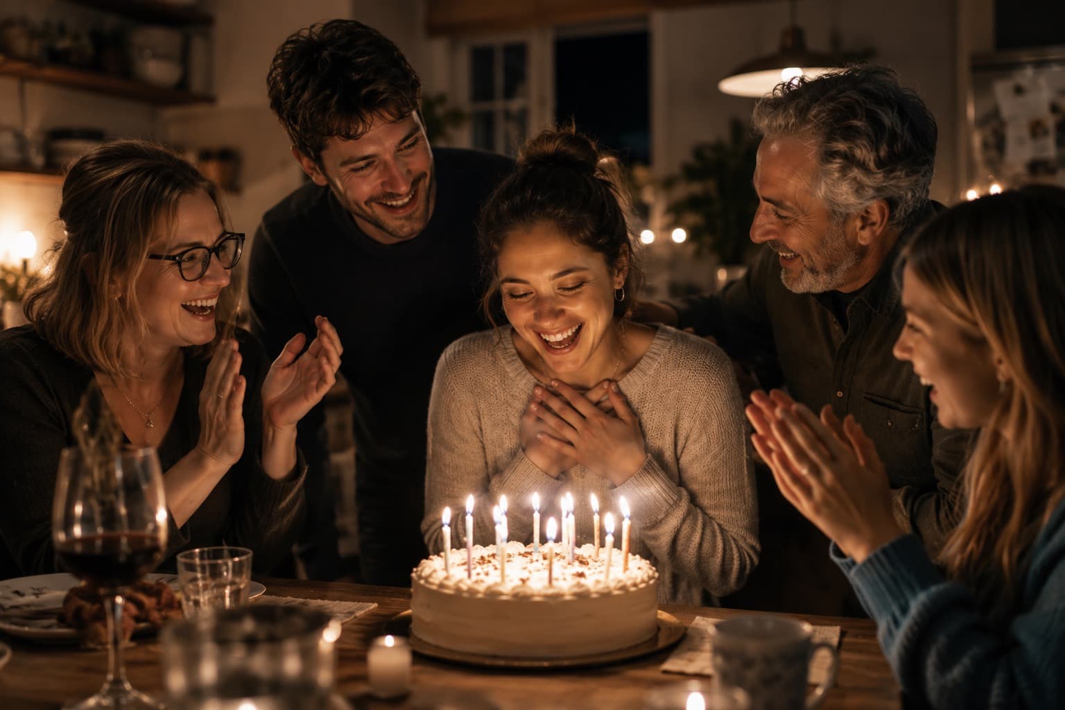 A woman blowing out the candles on her birthday cake while her family claps around the table