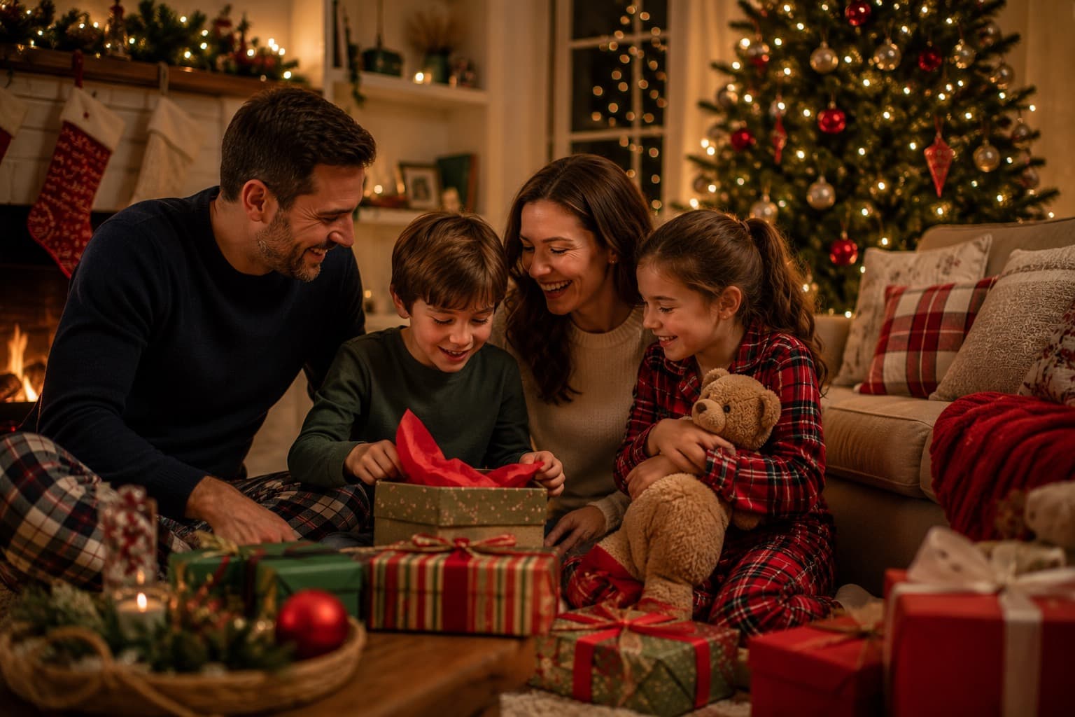 A family opening presents together by the tree on Christmas morning