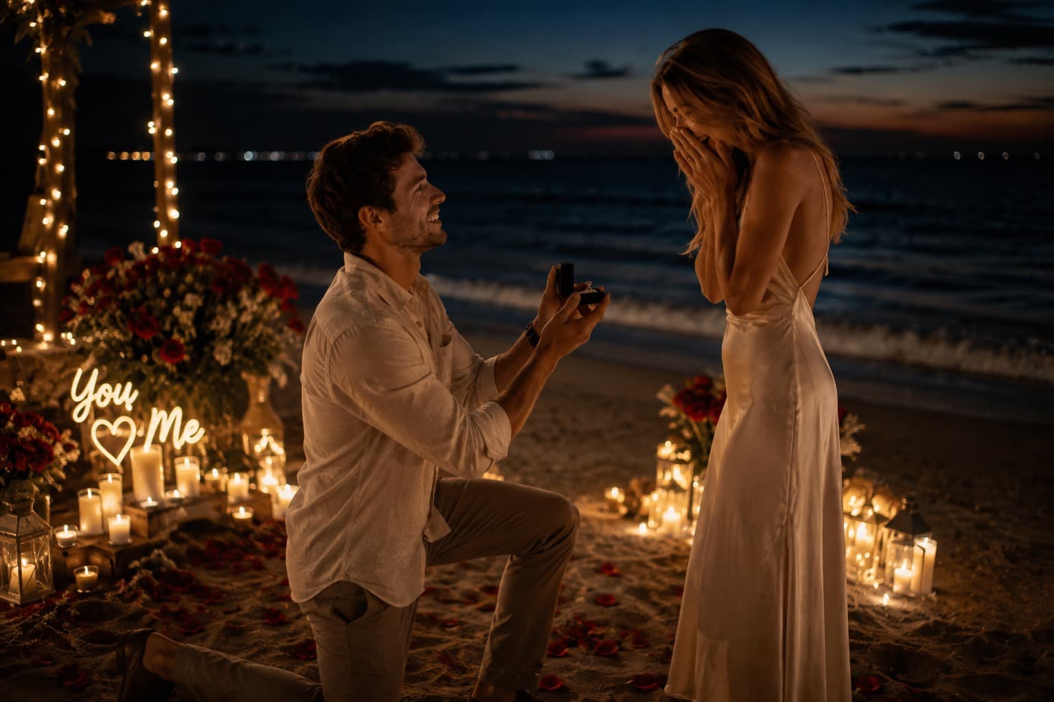 A man on one knee proposing on a candlelit beach at dusk