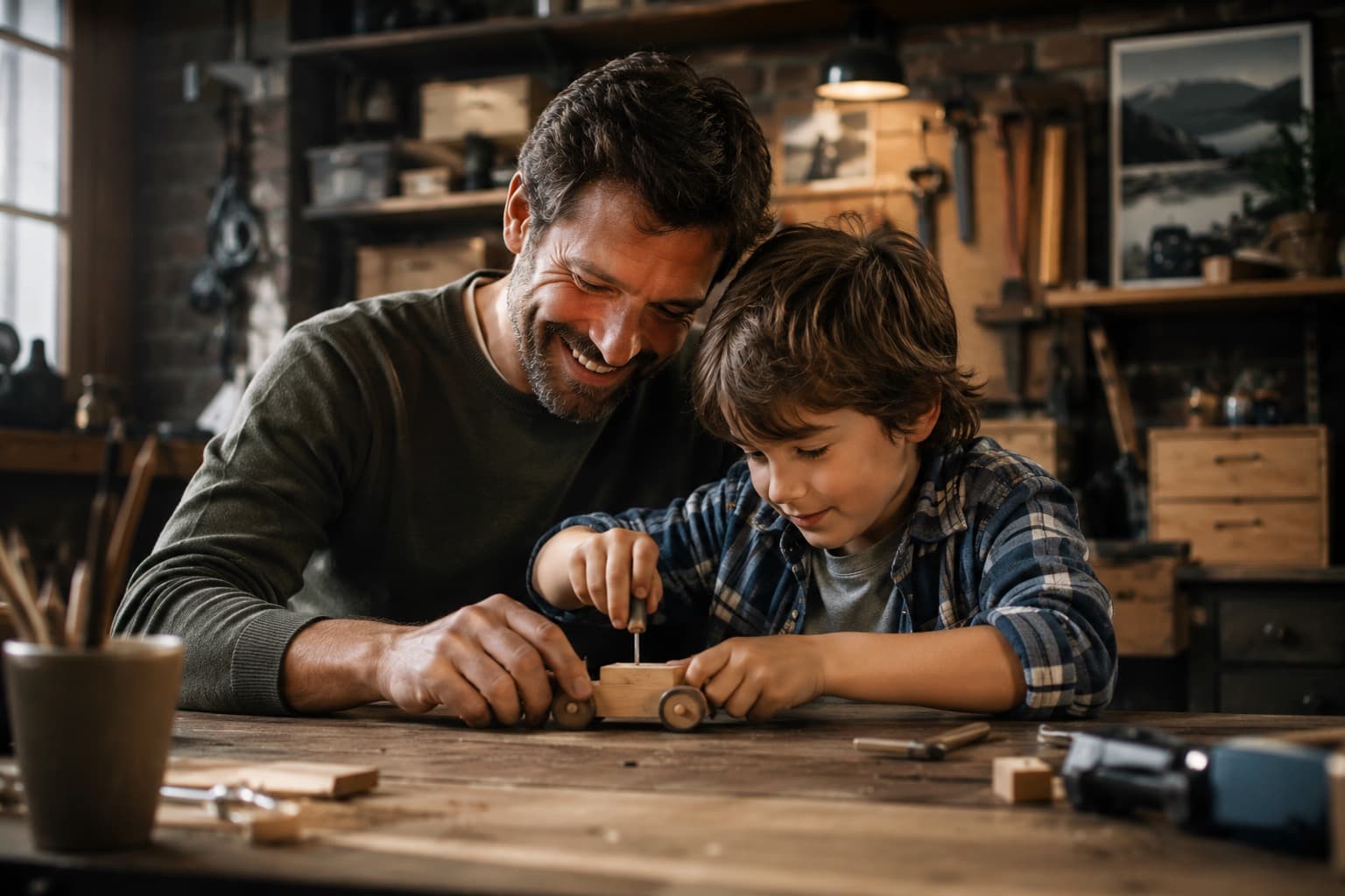 A father and his son building a wooden toy car together at a workbench