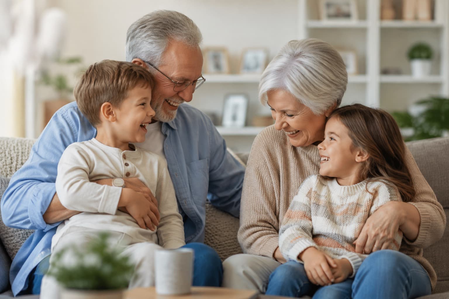 Grandparents laughing on the sofa with their two grandchildren