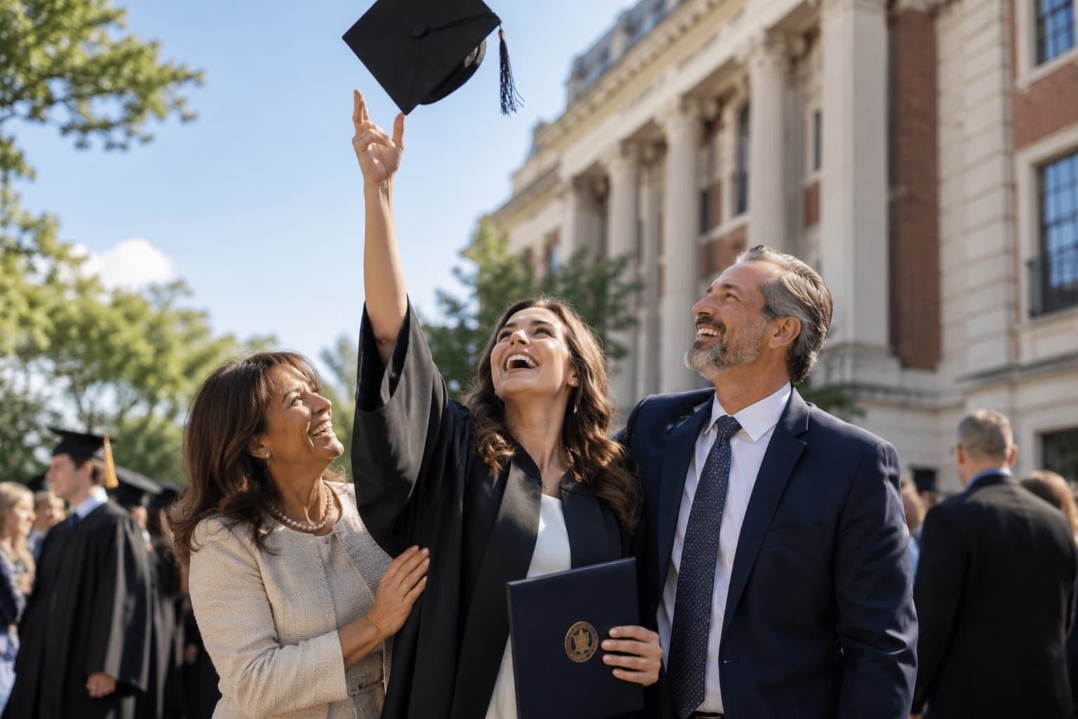 A graduate throwing her cap in the air outside the hall with her parents beside her