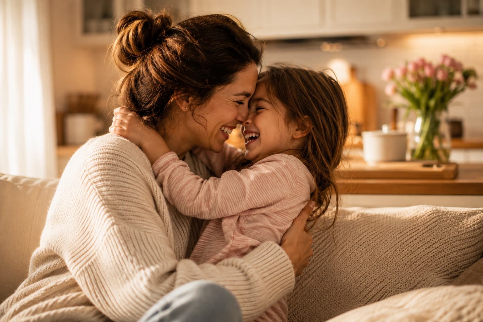 A mother and her daughter laughing forehead-to-forehead on the sofa at home