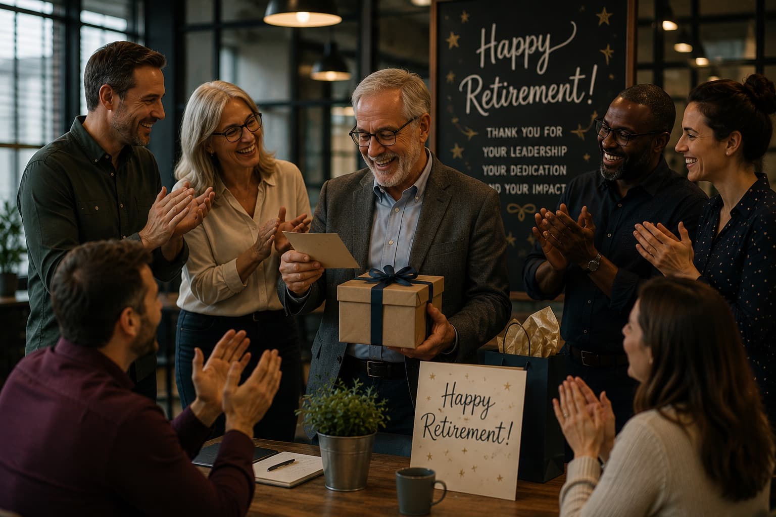 Colleagues applauding as a man is handed a card and a gift at his leaving do