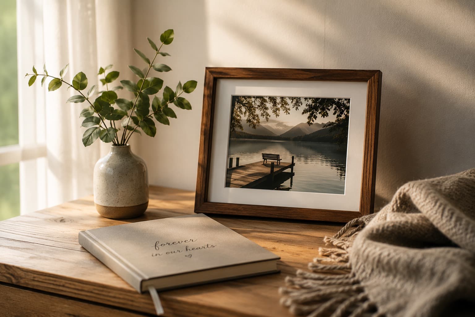 A framed photograph and a remembrance journal on a sunlit table at home