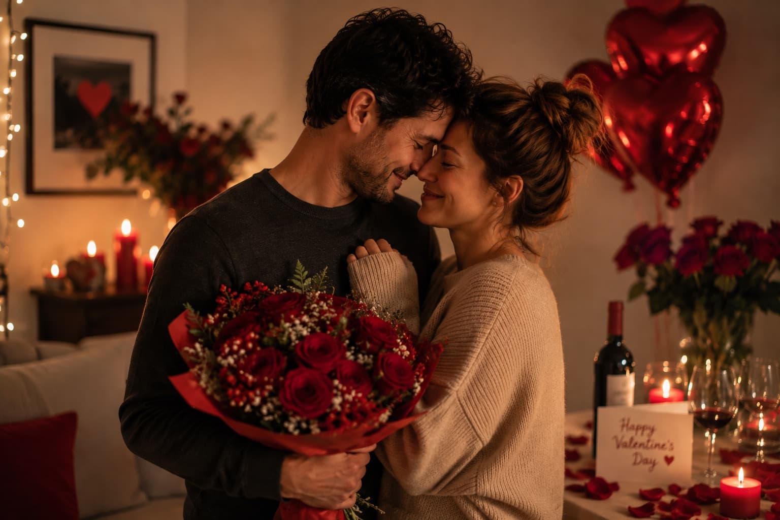 A couple holding red roses in a candlelit room on Valentine's night