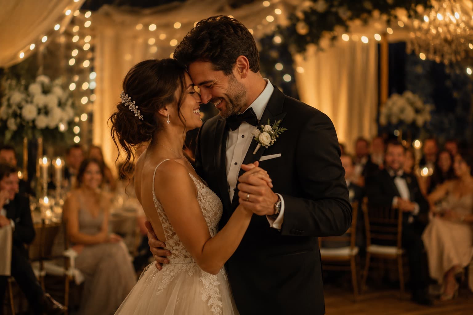 A bride and groom sharing their first dance under string lights at the reception